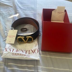 Valentino Garavani Black Leather Belt with Gold Buckle